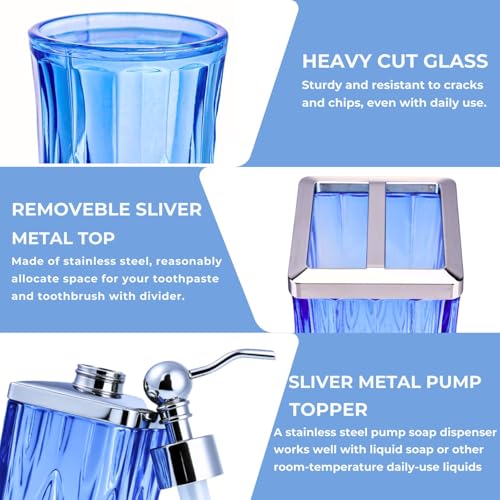 Bathroom Accessories Set,5 Pcs Blue Glass Bathroom Accessory Set,Complete Lotion Soap Dispenser, Toothbrush Holder,Soap Dish,Tumbler & Jar,Modern Bathroom Decor Sets Gift,Square - style: Square(Blue)