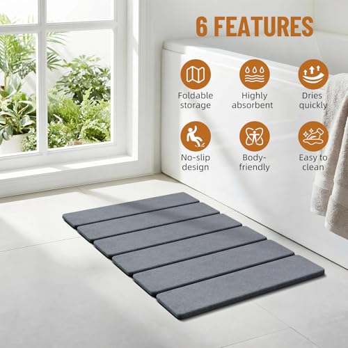 Luxspire Stone Bath Mat Foldable, Quick Drying Diatomaceous Earth Bath Mat for Bathroom, Large Bathroom Rug with Non-Slip Rubber Base, Easy Clean Accessories Outside Shower, 24 x 16 in, Dark Gray - color: A-dark Gray