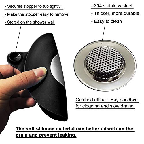 Seatery 2PCS Bathtub Stopper Hair Catcher Kit, Bathtub Drain Strainer, Tub Stopper Plug Cover, Sink Filter, Silicone Drain Stopper for Bathroom, Laundry (Black) - color: Black