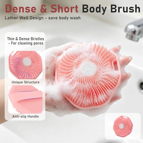 Back Scrubber for Shower 2 Pack, Silicone Scrub Brush with Long Handle & Unique Soft Body Scrubber, Detachable Body Brush Shower Lather Well Deep Clean Exfoliating for Women Men Sensitive Skin Gy&Pk - color: Pink+grey Flock