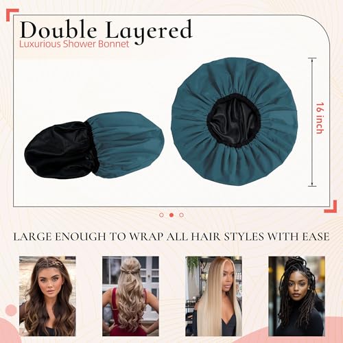 Extra Large Shower Cap for Women, Reusable Waterproof Shower Bonnet with Satin Lining, Double Layer Washable Bath Hair Cap for Braids, Locs, Long Thick Curly Hair, Natural Hair(Big Blue Zircon) - color: Blue Zircon