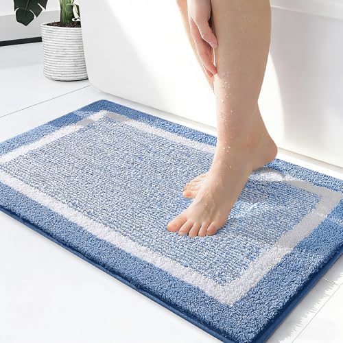 OLANLY Small Bathroom Rugs 24x16, Extra Soft and Absorbent Microfiber Bath Rugs, Non-Slip, Machine Washable, Quick Dry Shaggy Bath Carpet, Bath Mats for Bathroom Floor, Tub, Shower, Blue - color: Blue and White, size: 24" X 16"