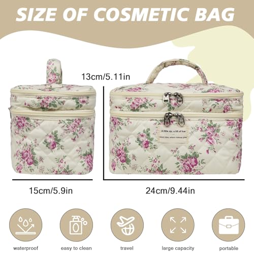 Gosect Large Quilted Makeup Bag, Large Floral Cosmetic Bag for Women, Cute Cotton Makeup Bags, Flower Travel Toiletry Organizer Bag (Pink Flowers) - color: 076Pink Flowers