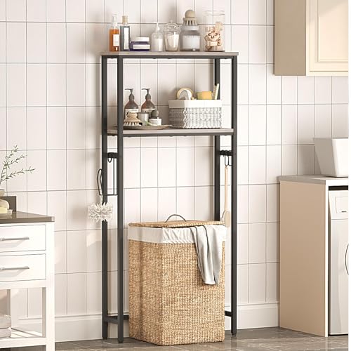 HOOBRO Over-The-Toilet Storage, 2-Tier Bathroom Organizer Over Toilet, Bathroom Shelves with Toilet Paper Holder and Hooks, Freestanding Storage Shelf, Space Saver, Greige and Black BG49TS01 - color: Greige and Black