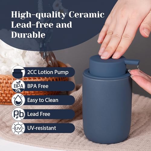 INGOFIN Ceramic Soap Dispenser Set, 2 Pack (12 oz) Bathroom Hand Soap Dispenser with Pump, Liquid Hand and Dish Dispenser Set with 8 Pcs Clear Stickers, for Kitchen -Matte Blue - color: Blue-liquid