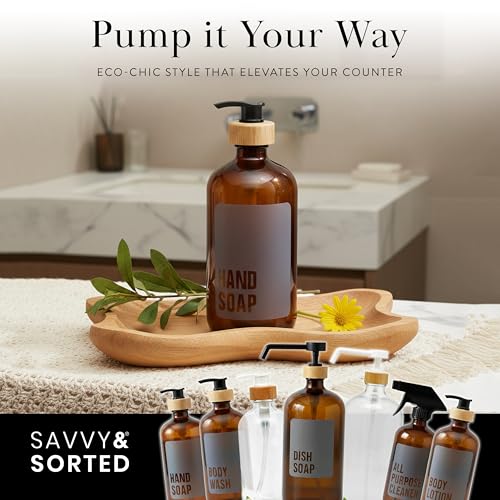 SAVVY & SORTED Amber Glass Hand Soap Dispenser for Bathroom, Kitchen Hand Soap Bottle with Label, Refillable Glass Bottle for Liquid Wash, Matching Dish Soap Dispenser Available, 17 Fl Oz / 500 ml - color: Amber - Hand Soap 500 Ml