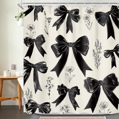 Black Bow Shower Curtain 72Wx72L Inch Girls Coquette Retro Vintage Bowknot Floral Wildflower Girly Fashion Elegant Plant Bathroom Set Aesthetic Bath Curtain Bathtub Accessories Home Decor - color: A 01black, size: 72"W x 72"L (Pack of 1)
