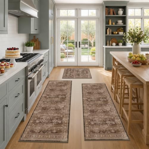 JTJ 3-Piece Kitchen Rug Set with Runner, Washable Non-Slip Farmhouse Kitchen Mats for Sink, Floor, Entryway, Hallway & Laundry Room, Low Pile Distressed Vintage Floor Rugs, Brown - color: Brown