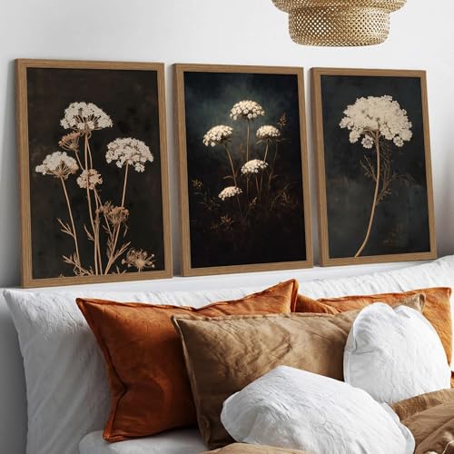 3Pcs Framed Moody Botanical Black Dark Flower Canvas Wall Art Set Elegant White Queen Anne’s Lace Flower Prints, Botanical Painting for Living Room, Bedroom, Office, Home Decor 16x24in - color: Elegant White Queen Anne's Lace Flower, size: 16x24 Inches