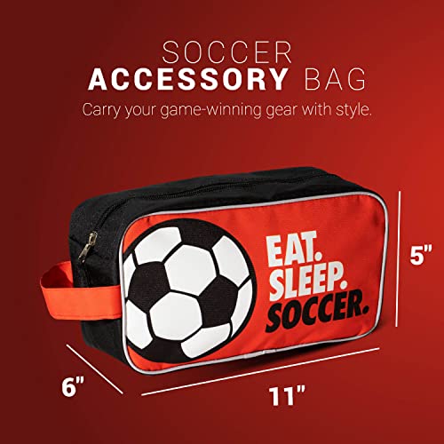 ChalkTalkSPORTS Soccer Toiletry Bag - Eat Sleep Soccer - Red & Black | Polyester, Center Zipper, Side Handle, 11 x 6 x 5 Inches, Sports Camp Bag, Pencil Case, Dopp Kit, Soccer Gift - color: Eat Sleep Soccer