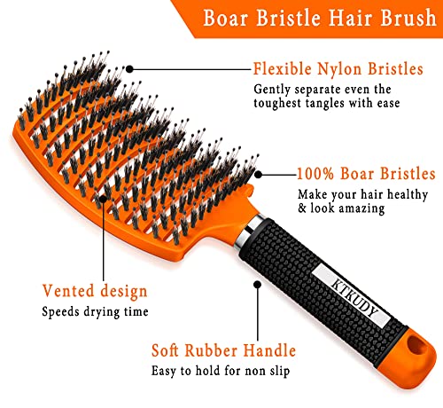 KTKUDY Detangling Brush Boar Bristles Hair Brush Make Hair Shiny & Healthier Curved and Vented Detangler Brush for Women Men Kids Wet and Dry Hair (Orange) - color: Orange