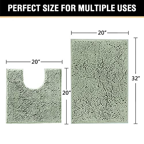 H.VERSAILTEX Original Luxury Chenille Bathroom Rug Mat (32" x 20"/20" x 20"), Extra Soft & Absorbent Shaggy Rugs, Machine Wash/Dry, Perfect Plush Carpet Mats for Tub (Curved Set, Sage) - color: Sage, size: 20" x 32" Plus 20" x 20"