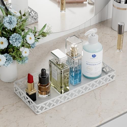 Bathroom Vanity Tray for Countertop - 11" x 4.9" White Decorative Tray | Small Metal Rectangle Tray, Non-Slip Bathroom Counter Tray, Bathroom Organizer for Perfume Makeup Cosmetic Jewelry Soap - color: Rectangle Floral-white