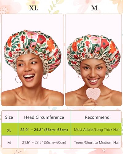 mikimini Shower Cap for Women Reusable Waterproof, Large Hair Cap with Adjustable Elastic Band and Vibrant Floral Print, XL Bath Cap for Long Hair & Short Hair, Medium, 2 Pcs - color: Spring Floral, size: Medium (Pack of 2)