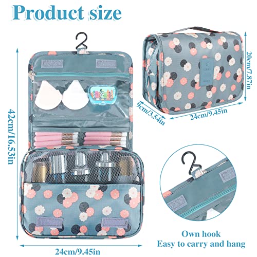 Hanging Toiletry Bag for Women, Portable Cosmetic Summer Beach Bag, Floral | 4 compartments, hanging hook, blue travel makeup bag, waterproof nylon, fold-out design, white pink floral, 9.4x6.8 in folded - color: Blue