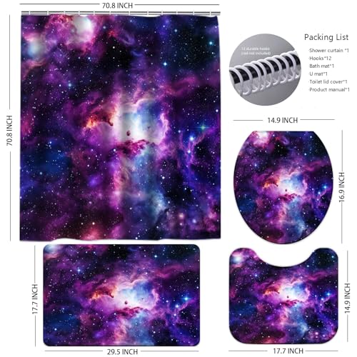 Space Galaxy Shower Curtain Bathroom Sets 4 Piece, Outer Star Themed Starry Shower Curtain Purple Trippy Universe Nebula Bath Mat with Non-Slip Rugs, Toilet Lid Cover Restroom Bathtub Home Decorations - color: Galaxy