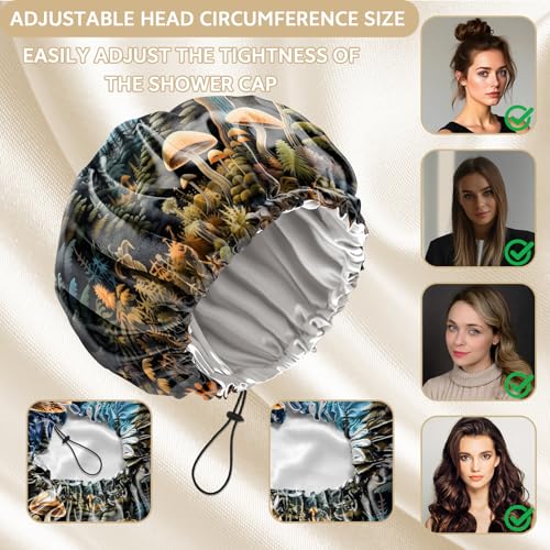 Shower Cap Adjustable Waterproof Double Layer Elastic Reusable Hair Bath Cap Cute Aesthetic for Women Girls-Blue Mushroom - color: R15-Blue Mushroom