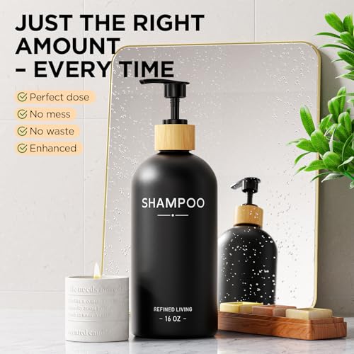 Shampoo and Conditioner Dispenser Set,Shower Soap Dispenser for Bathroom,Refillable Shampoo and Conditioner Bottles with Bamboo Pump and Tray,Soap Dispenser Bathroom for Shower (Black, 3-Pack) - color: Black