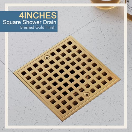Champagne Bronze 4 Inch Shower Floor Drain with Flange - Square Shower Drain with Hair Strainer - Removable Strainer Cover - SUS304 Stainless Steel - Antique Brass - color: Champagne Bronze