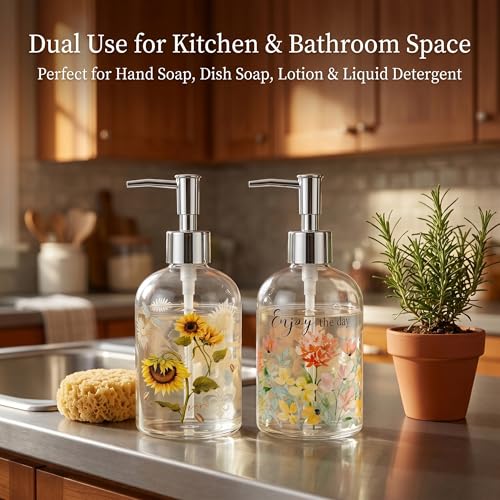 Topadorn Set of 2 Glass Soap Dispensers 17oz, Refillable Clear Liquid Soap Bottles, Sunflower and Floral Bathroom Kitchen Countertop Decor - color: Pink and Yellow
