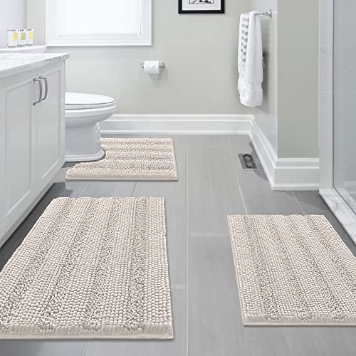 H.VERSAILTEX 3 Piece Thick Striped Bath Rugs Set for Bathroom Non Slip Soft Absorbent Bath Mat for Tub, Shower and Toilet(17''x24''+20''x32''+20''x24'' U-Shaped, Ivory) - color: Ivory