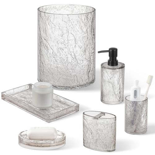 RQYIXI 6 PCS Resin Bathroom Accessories Set, Silver-Grey, Minimalist Luxury | Modern Elegance Shatterproof Bathroom Set Includes: Soap Dispenser,Toothbrush Holder,Tumbler,Soap Dish,Tray,Trash Can - size: 6pcs