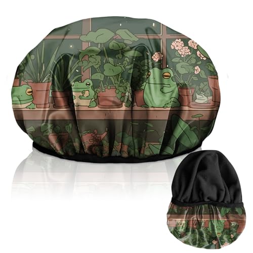 Luxury Shower Cap Terry Lined Reusable Triple Layer Waterproof Hair Elastic Caps Shower Bath Hat for Women Girls Cute Aesthetic-Frog - color: AL18-Frog