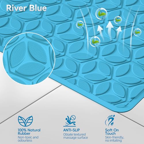 Bathtub Mat Non Slip with Suction Cups - 100% Rubber Bathroom Mat Textured for Bath Tub Shower Safety - Soft on Touch - BPA/PVC Free - Pet Dog Bath Mat - Machine Washable - 16 × 28 Inch（R Blue） - color: River Blue, size: 28" x 16" (Rectangular)