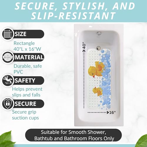 Kids Bath Mat 40x16 – Non-Slip Tub Bathmat Duck Print with Suction Cups & Drain Holes for Safe, Fun Bathtub Bath Time for Toddlers (40x16 Duck) - color: Duck Print