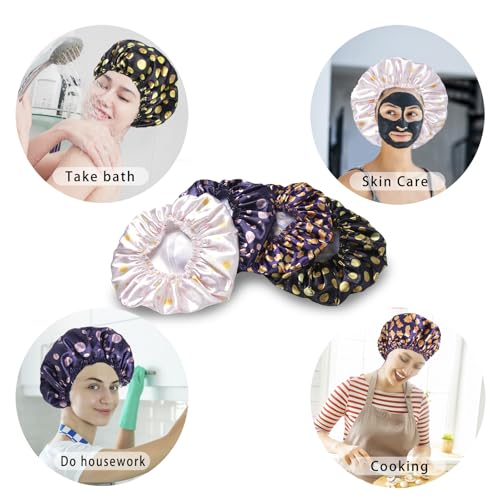 4 PCS Shower Cap for Women, Elastic and Reusable Bath Caps, Double Layers Shower Caps Reusable Waterproof, Bathing Shower Caps, Environmental Bath Hair Protection Cap - Ginkgo Leaf - color: Ginkgo Leaf