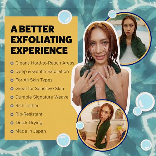 GOSHI Exfoliating Shower Towel - Long Body Scrubber for Back Acne, KP & Smooth Skin - Durable Rip-Resistant Weave, Quick-Dry Nylon Washcloth - Ethically Crafted in Gunma, Japan - Green - color: Green