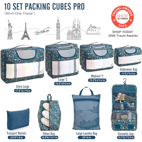 Veken 10 Set Packing Cubes for Travel Essentials,Anti-Wrinkle Buckled Suitcase Organizer for Shoe & Toiletry Bag,Carry On Luggage Bag with 99+ Count Mesh Holes for Airplane & College Dorm Accessories - color: 08 Navy Flower