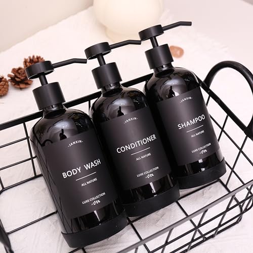 Shampoo and Conditioner Dispenser Set of 3,Refillable 21oz Shampoo Bottles with Non-Slip Protective Silicone Pad,Shower Soap Dispenser with Waterproof Labels for Bathroom (Black) - color: Black Bottles +Black Pumps