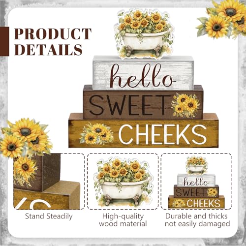 Cinnvoice 4 Pcs Sunflower Bathroom Decor Farmhouse Bathroom Decoration Hello Sweet Cheeks Table Centerpiece Gift for Christmas Valentines Back to School - style: Sunflower Hello Sweet Cheeks