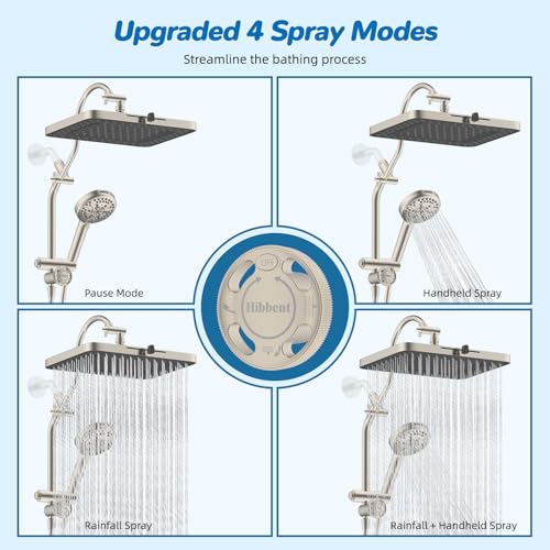 Hibbent cUPC Certified 13'' Shower Head Combo, High Pressure 5 Spray Rainfall Showerhead, 10 Spray Handheld, All Metal Easy Reach 4-way Diverter Arm with Pause Mode, 71'' Hose & Holder, Brushed Nickel - color: Brushed Nickel, style: Square 13"