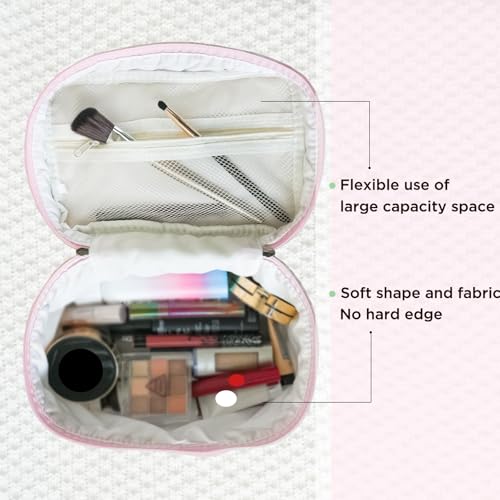Sminra Makeup Bag Large Travel Quilted Cosmetic Bag Organizer, Floral Cotton Coquette Aesthetic Toiletry Bag Gift for Women Girls (Pink Bow Flowers-L) - color: Pink Bow Flowers-L