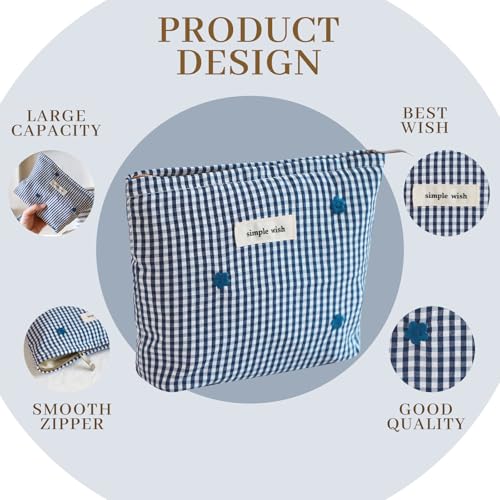 Wudygirl Makeup Bag Travel Cosmetic Bag for Women Small Makeup Pouch with Handle Zipper Cosmetic Pouch Handbag Aesthetic 8.3" x 5.9"(Navy Checkered) - color: Navy Checkered