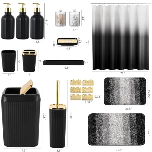 32PCS Bathroom Set Bathroom Sets with Shower Curtain and Rugs Black Bathroom Accessories,Shower Curtain Set,Bathroom Rug Set with Bathroom Trash Can - size: Bath Set+Gradient Shower Curtain+Bath Rugs, style: Black