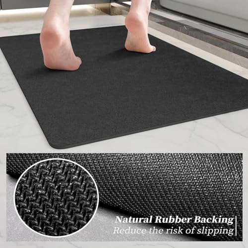 Dark Grey Bath Mat Set 2 Piece - Quick Dry Super Absorbent Diatomaceous Earth Bathroom Rug With Rubber Backing Non-Slip for Shower Floor, 47x17 + 24x17