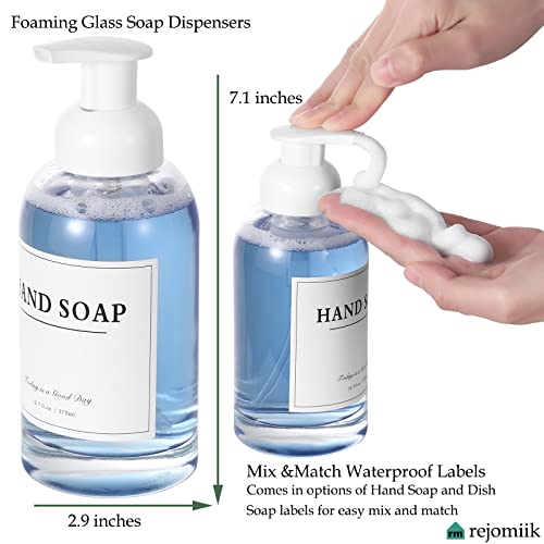 rejomiik 2 Pack Foaming Soap Dispenser Thick Glass Foam Hand Soap Dispenser for Bathroom or Kitchen Sink, 13 oz Clear Pump Bottles for Hand soap, Body Wash, White - color: White