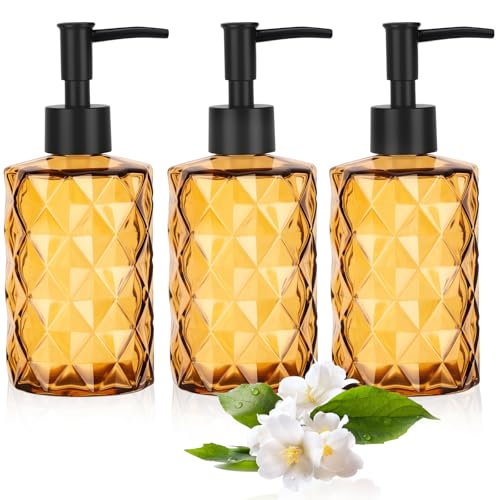 3 Pack Glass Soap Dispenser with Plastic Pump, 12oz Hand Soap Dispenser for Hand Wash, Lotion Dispenser for Dishwashing Liquid, Lotion Shower Gel - color: Orange Diamond*3
