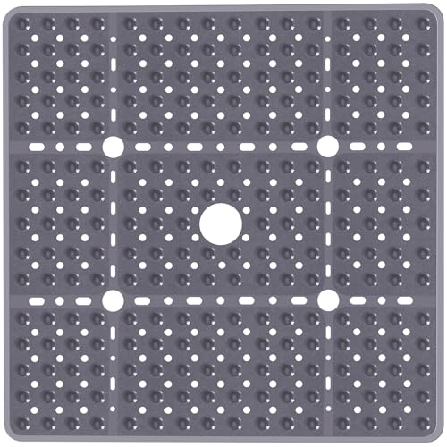 Large Square Shower Mat 27 x 27 Inch Gray, Non Slip Shower Bathtub Mats for Inside Shower with Big Suction Cups Drain Holes, Anti Slip Bathroom Floor Shower Stall Mats, Easy Clean, BPA-Free - color: Grey