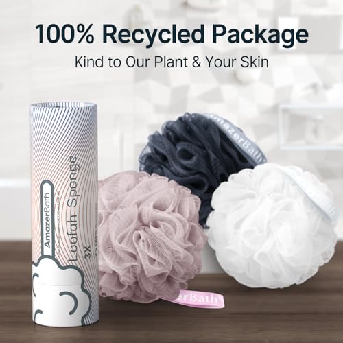 AmazerBath Loofah Sponge 60g/PCS, Shower Loofah for Men and Women - Body Scrubber Loofa Set of 3, Bath Sponge - Grey Blue-Pink-White - style: Grey Blue-Pink-White