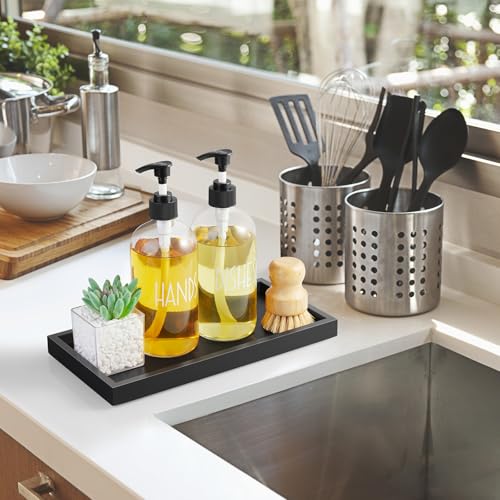 ALELION 11.7" Bathroom Vanity Tray for Counter - Black Wood Decorative Tray for Toilet Tank Makeup Perfume Jewelry Catchall Coffee Table - Wooden Kitchen Countertop Organizer for Soap Dispenser - color: Black, size: 11.7" x 6" x 0.8"
