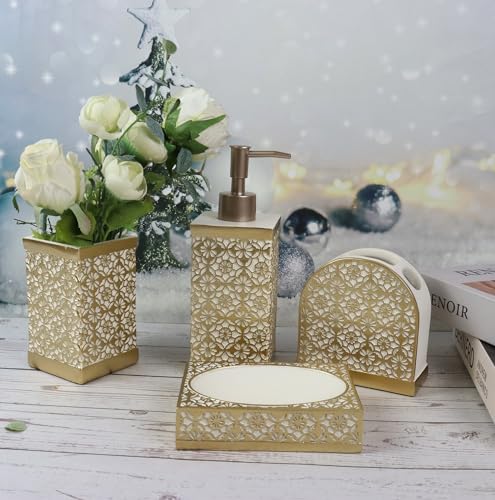 Hymmah Gold Bathroom Accessories Set,Farmhouse Bathroom Decor,4 Pcs Resin Gift Set Apartment Necessities, Contain Cotton Swab Jar,Soap Dispenser,Tumbler，Soap Dish/Tray - color: Gold