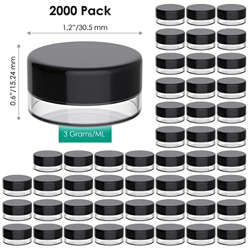 Houseables 3 Gram Jar, 3 ML Jar, BPA Free, Black, 2000 Pack, Cosmetic Empty Container, Plastic, Round Pot, Screw Cap Lid, Small Tiny 3g Bottle, for Make Up, Eye Shadow, Nails, Powder, Paint - color: Black, size: 2000 Pack
