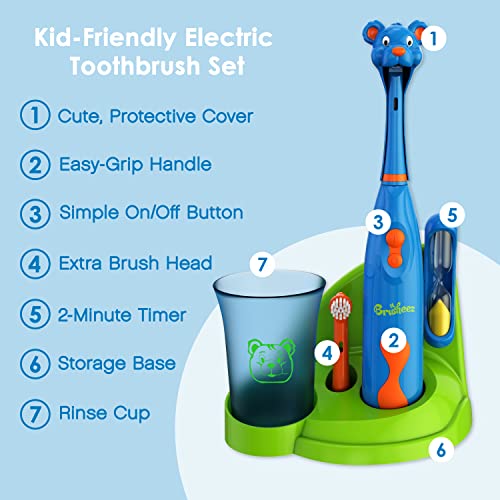 Brusheez Kids’ Electric Toothbrush Set - Safe & Effective for Ages 3+ - Parent Tested & Approved with Gentle Bristles, 2 Brush Heads, Rinse Cup, 2-Minute Timer, & Storage Base (Buddy the Bear) - color: Buddy the Bear
