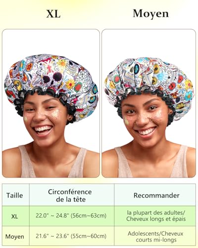 mikimini Shower Cap for Women Reusable Waterproof, Extra Large Hair Cap for Shower with Double Layers, Stylish Vibrant Designed Shower Bonnet for Long Thick Hair, 2 Pieces - size: X-Large (Pack of 2)