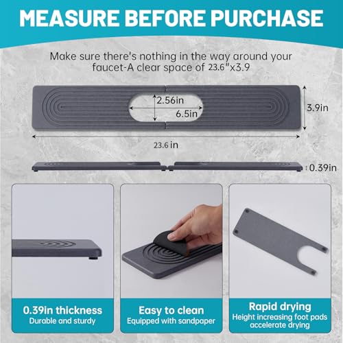 Stone Faucet Mat for Kitchen Sink Oval Hole Bathroom sink splash guard | Water-Absorbing Diatomite Stone Drying Mat & Sink Protectors Absorbent Stone Tray for Bathroom Counter, Oval Hole 6.5" x 2.5" - color: Dark Gray