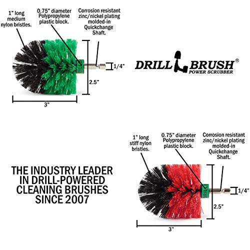 Cleaning Supplies - Drill Brush - Medium and Stiff Bristle MINI Spin Brush Kit - Kitchen Accessories - Clean and Scrub Counters, Stove, Oven, Sink, Flooring - Deck Brush - Algae, Mold, Mildew, Moss - color: Green / Red